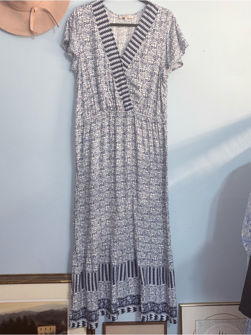 XL Casa Cabana faux wrap Navy Blue and White Maxi Dress beachy chic summer dress
